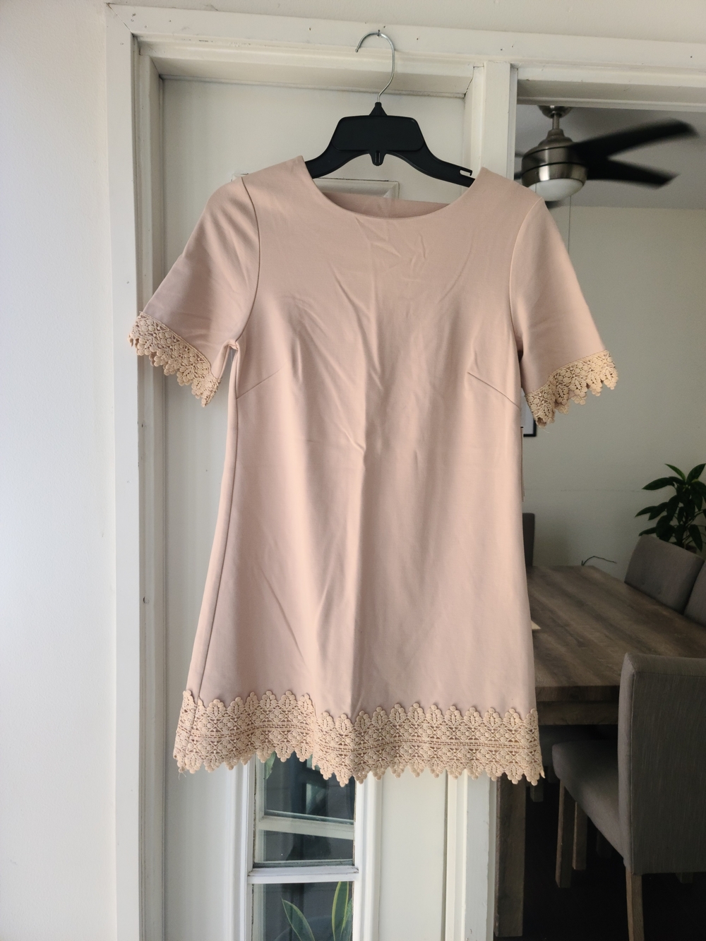 Lace-Hem Blush Pink Short Sleeve Shift Dress